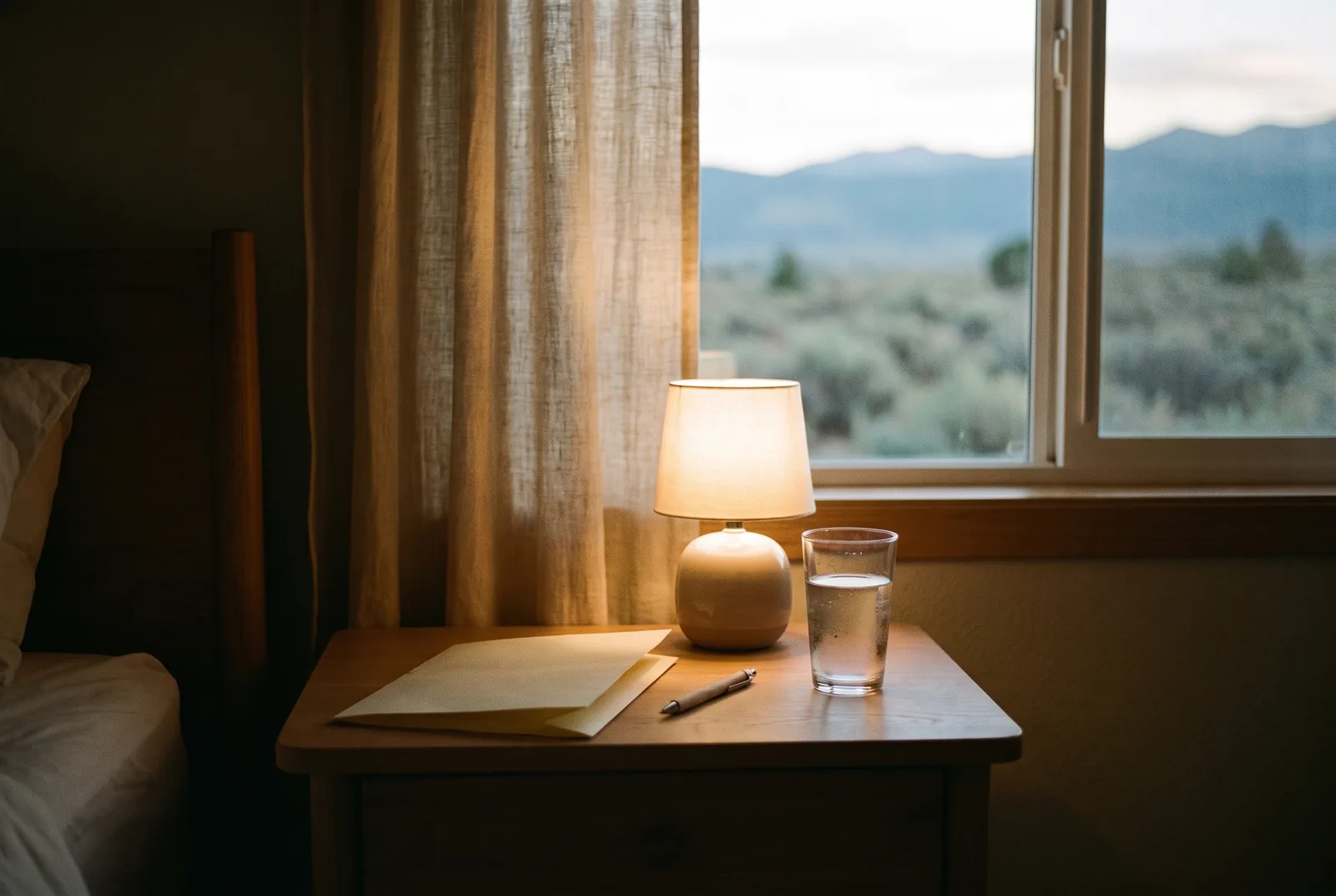 A bedside table at dusk with a lamp, a folded document, a pen and a glass of water, sagebrush hills through the window