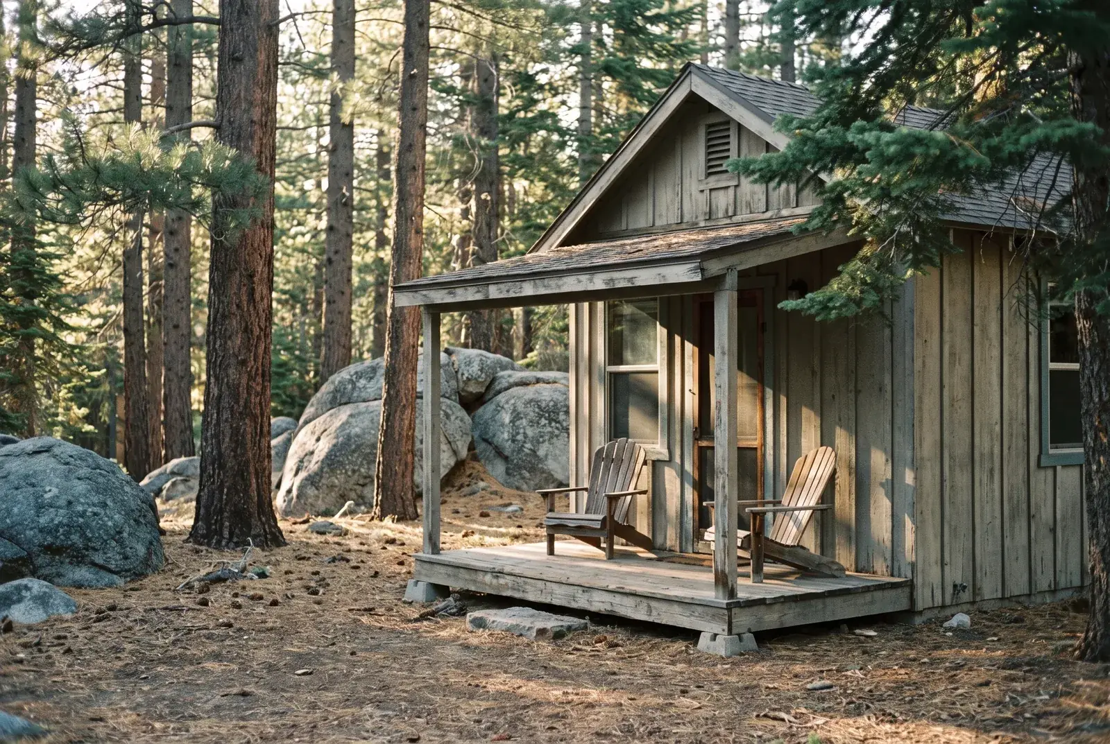 An old wooden family cabin with two empty chairs on its porch, among Jeffrey pines and granite boulders in the Sierra