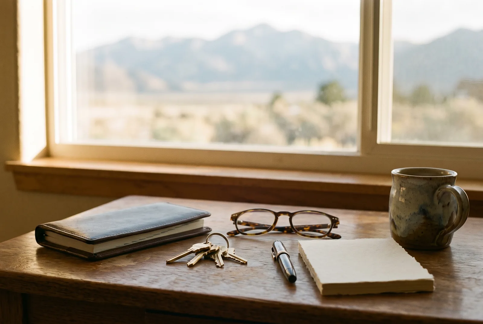 An oak desk by a window with a checkbook, house keys, reading glasses and a pen, the high desert and mountains beyond
