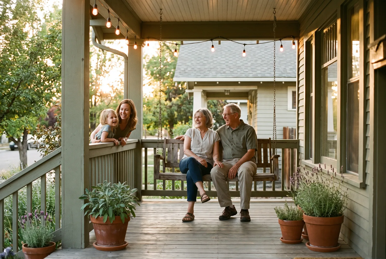Three generations of a Reno family laughing together on the front porch at golden hour