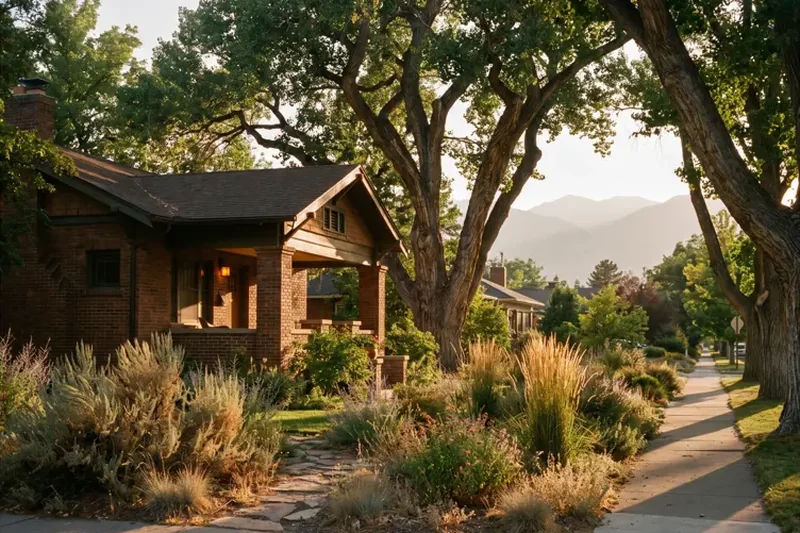 A brick craftsman home under mature cottonwood trees in an established Reno neighborhood at golden hour