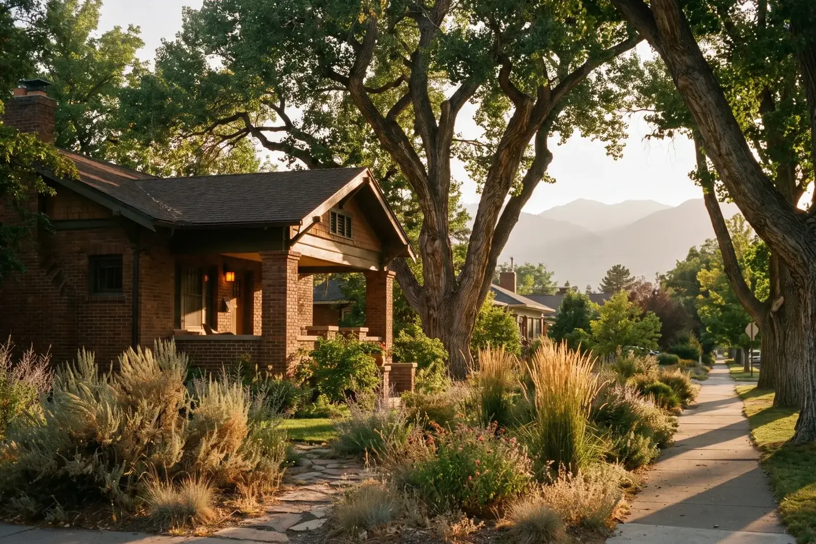 A brick craftsman home under mature cottonwood trees in an established Reno neighborhood at golden hour