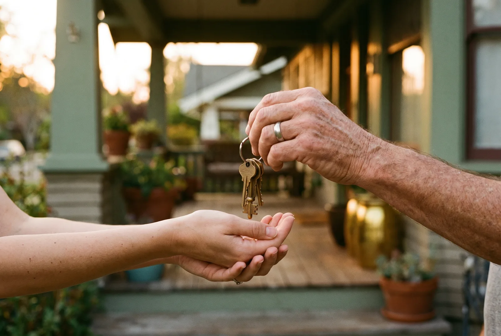 House keys being passed from one hand to another on a porch