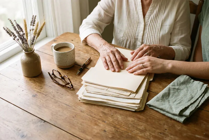 An older hand and a younger hand resting together on a stack of family documents in soft morning light
