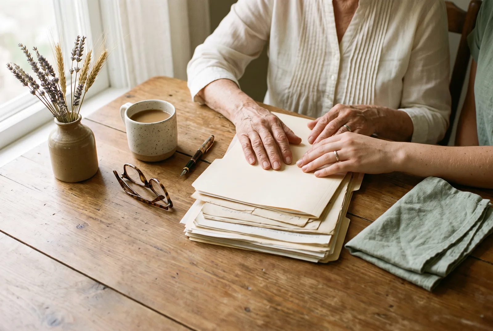 An older hand and a younger hand resting together on a stack of family documents in soft morning light