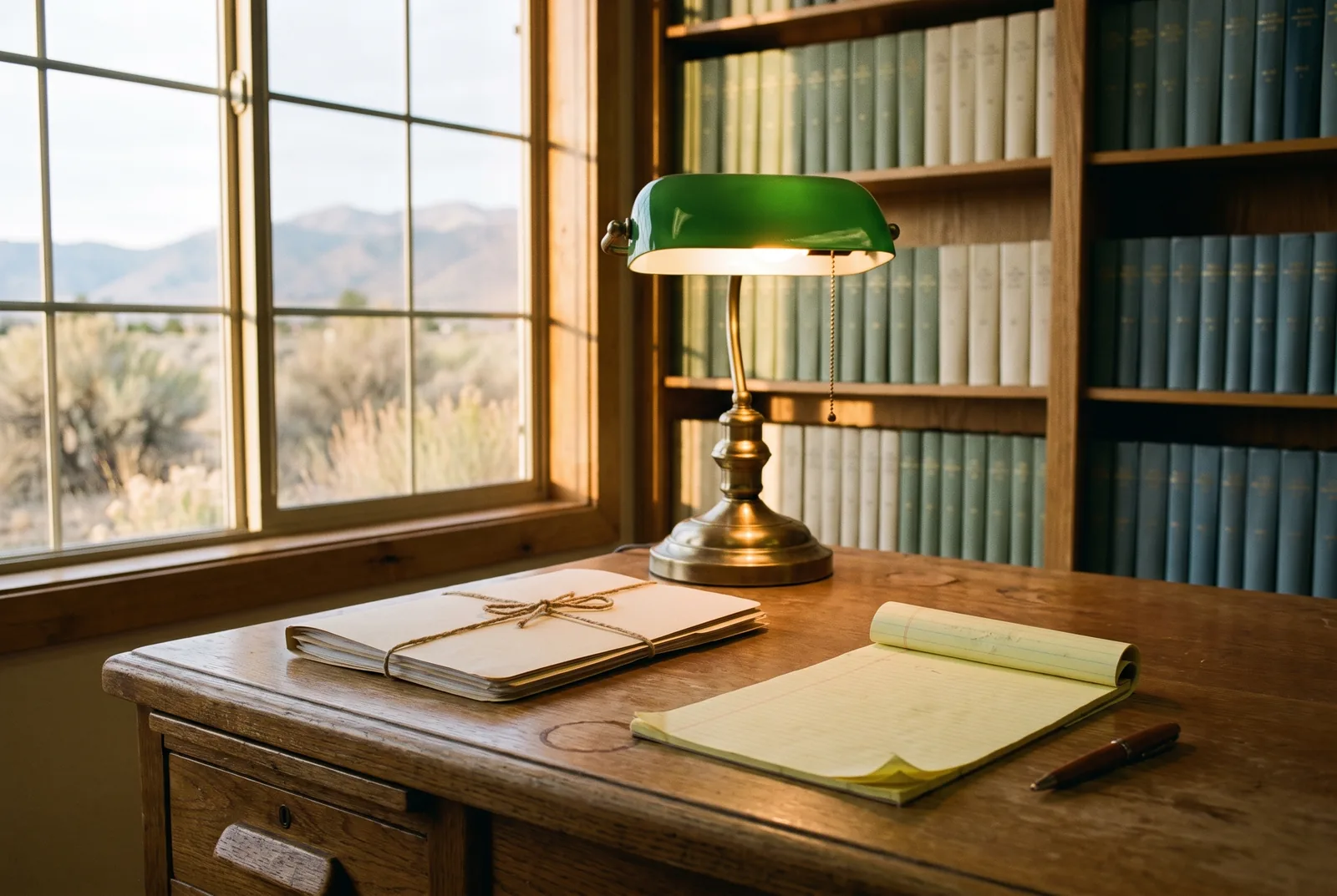 A wooden desk with a tied file folder, a legal pad, a pen and a brass lamp, bookshelves behind and the high desert through the window