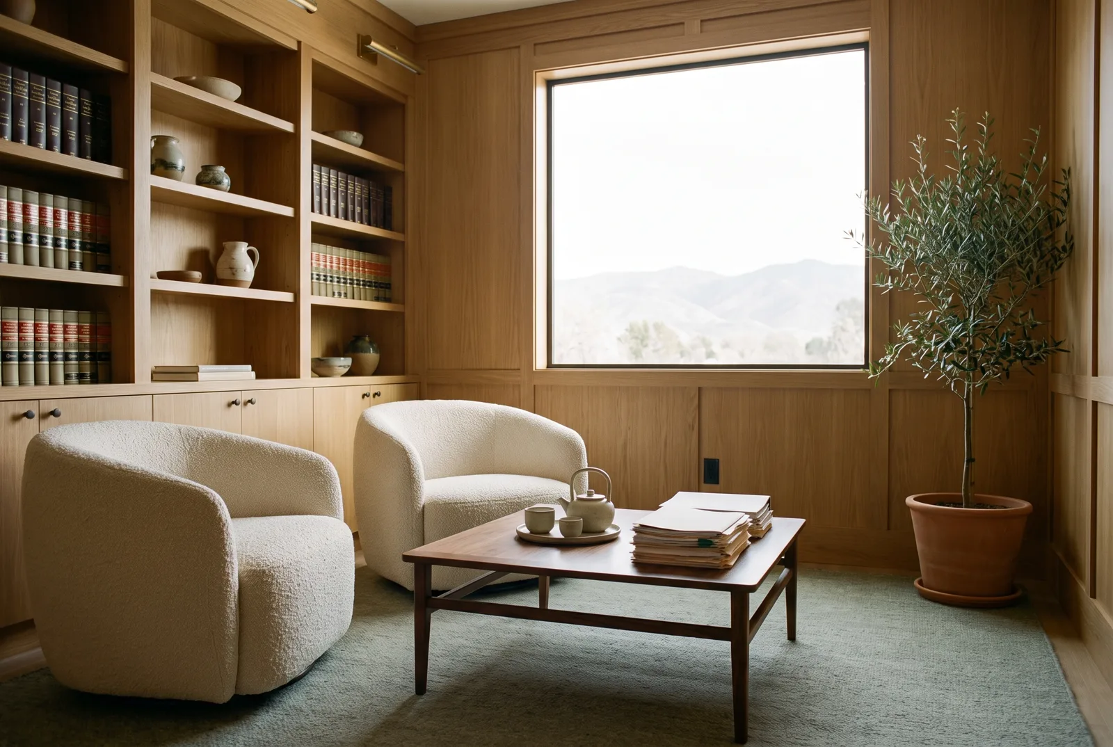 A quiet sitting room with oak shelves, two armchairs and a window onto the hills
