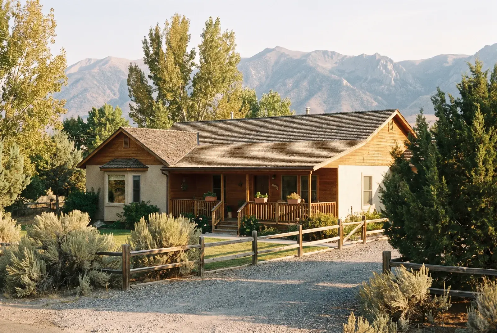 A single-storey family house with a front porch and a split-rail fence, sagebrush in front and mountains behind