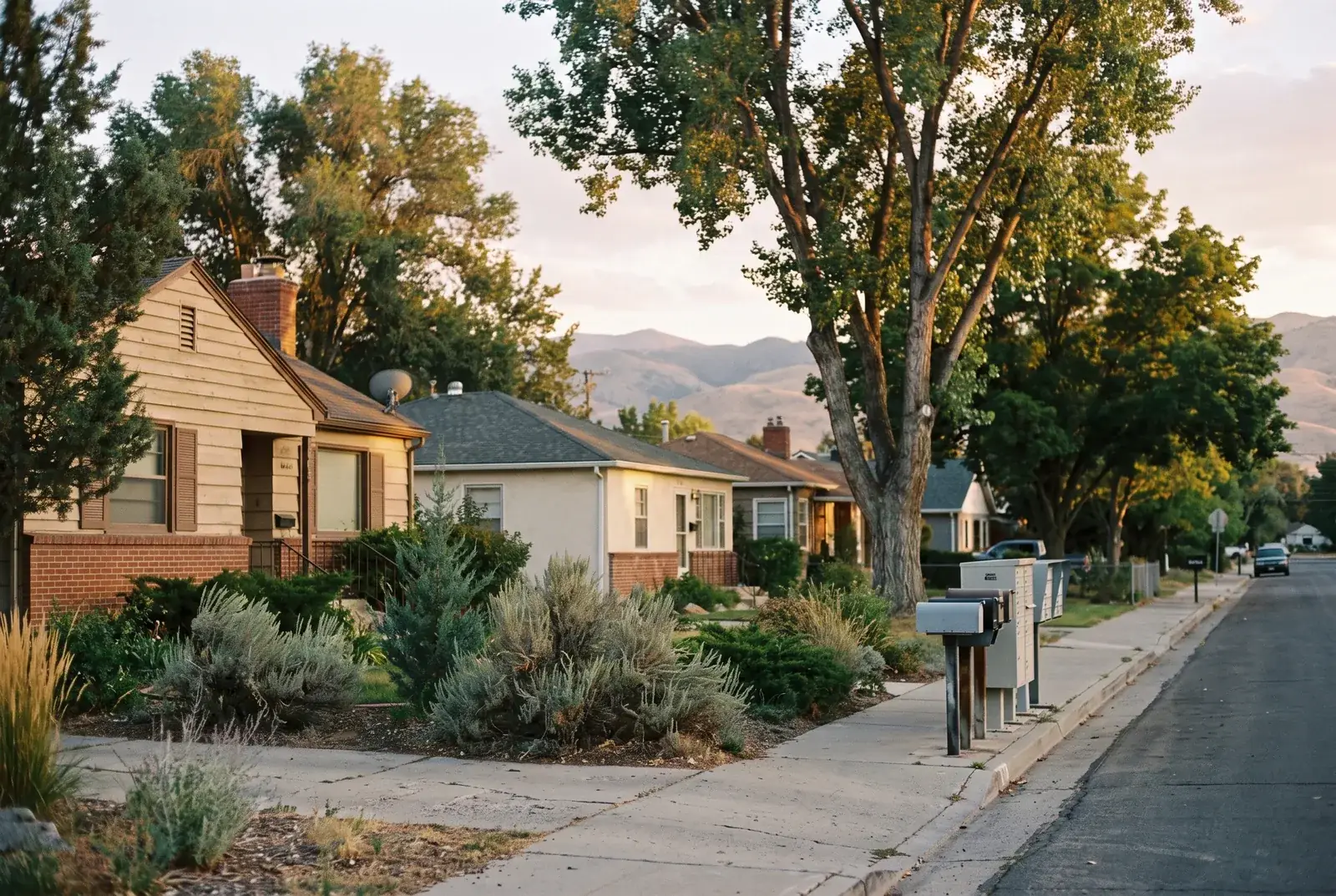A quiet street of older single-family homes in Reno, with mature trees, a row of mailboxes and the foothills beyond
