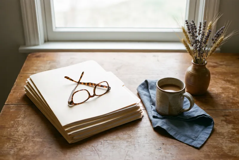 A stack of folders, reading glasses and a cup of coffee on a kitchen table in morning light