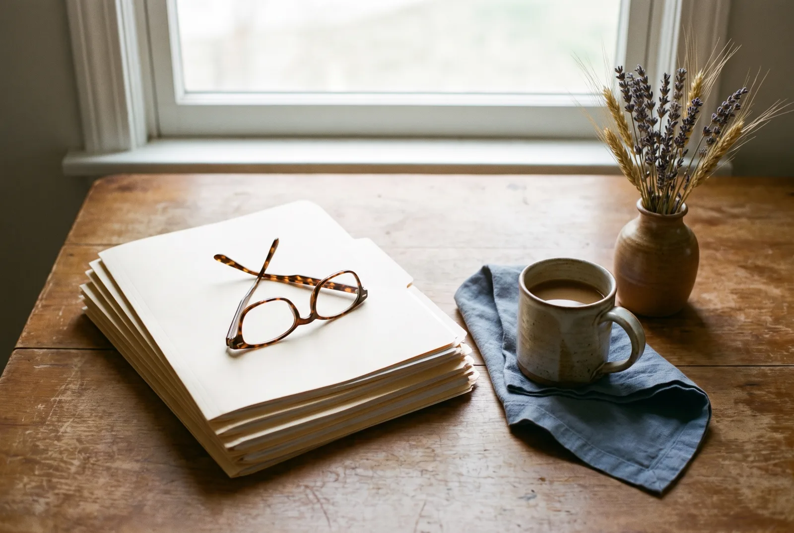 A stack of folders, reading glasses and coffee on a kitchen table in morning light