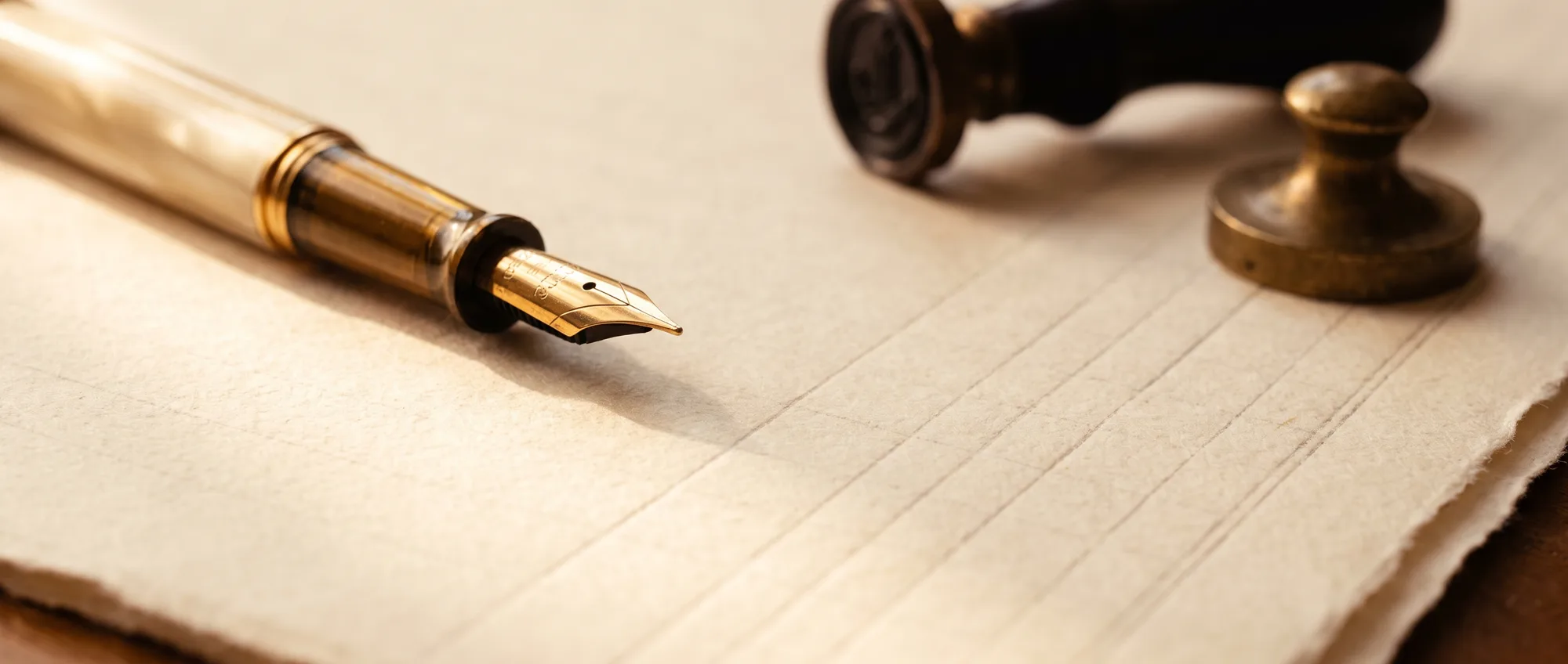 A fountain pen resting on cream paper beside a brass seal